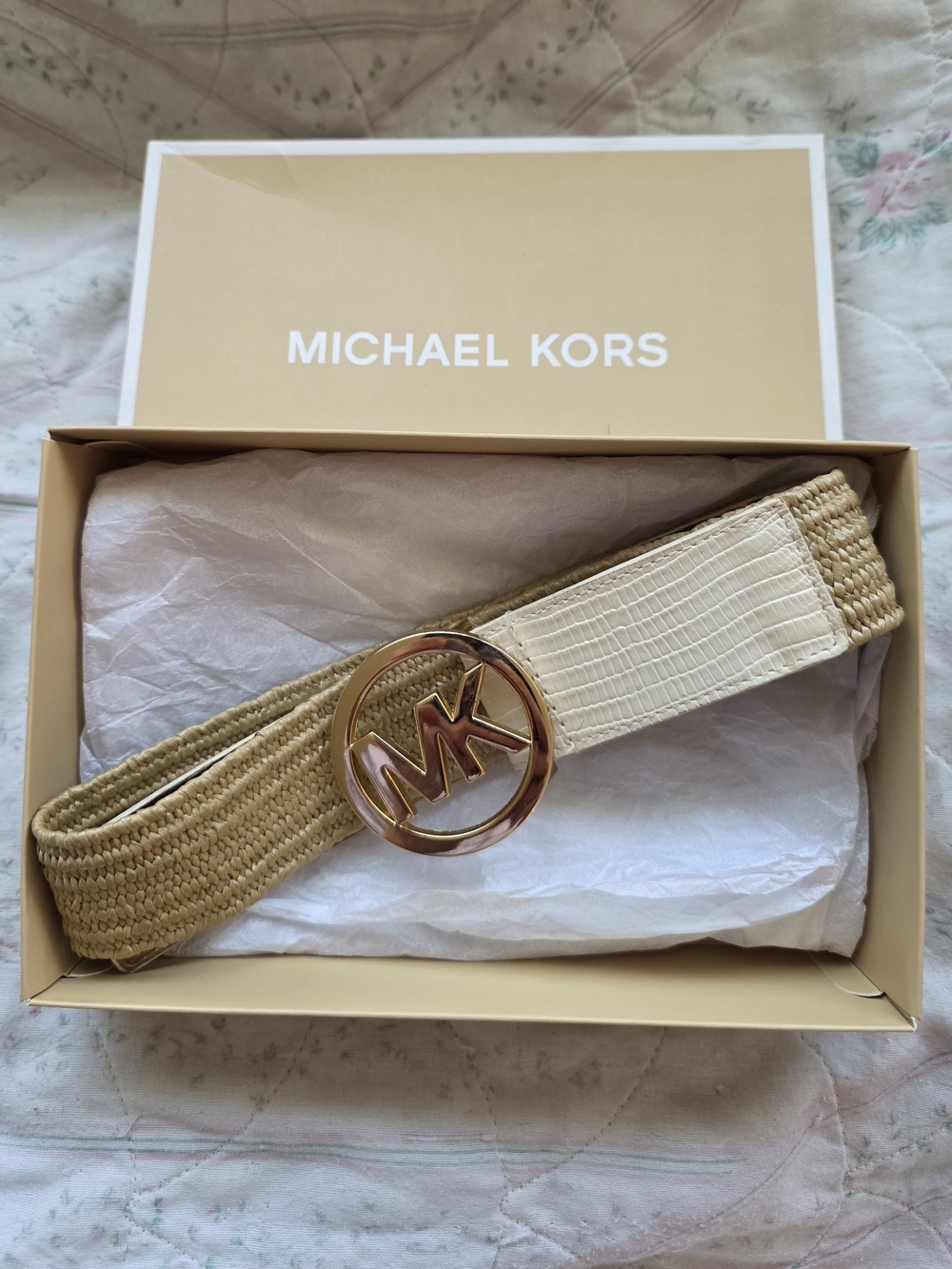 NWT- Michael Kors Small Beige and Cream Woven Belt with Gold MK Buckle